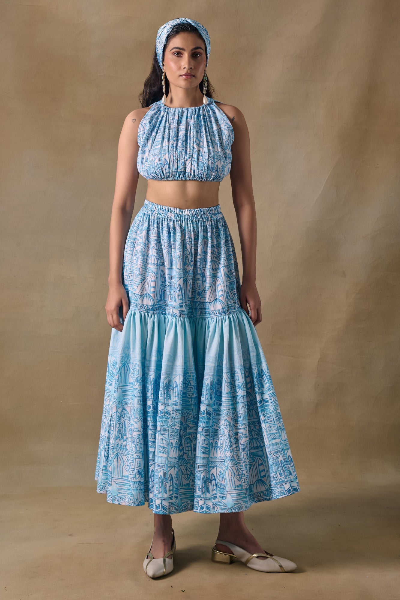 Blue Landscape blouse skirt set