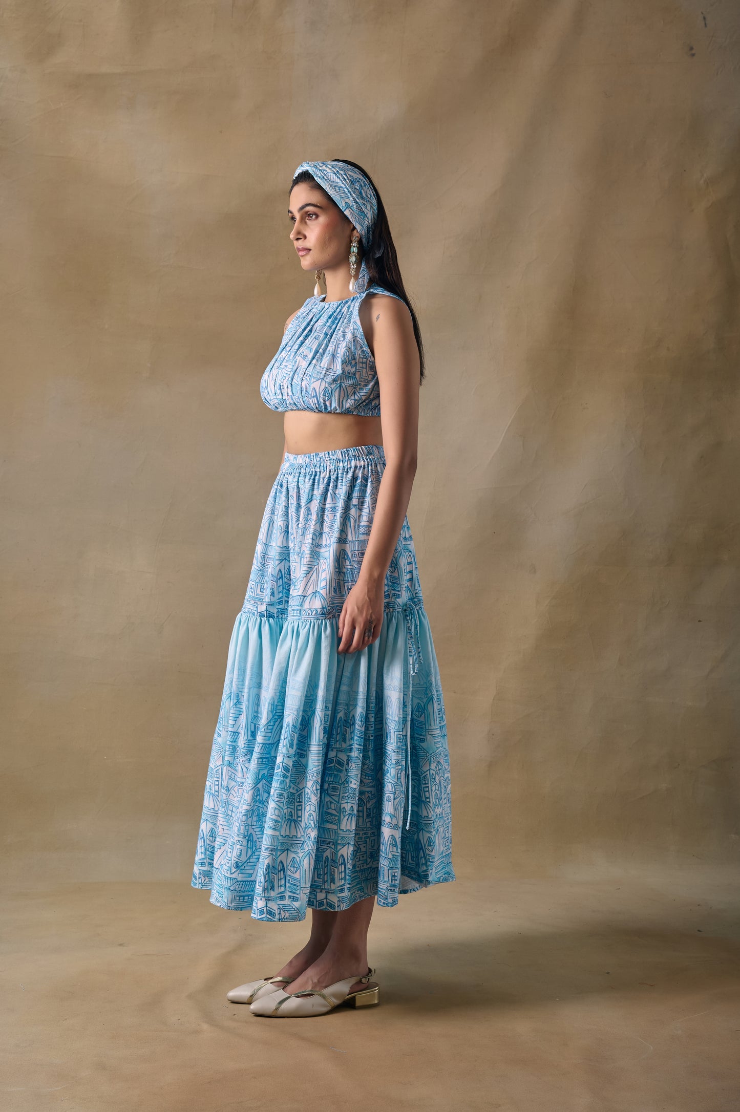 Blue Landscape gathered blouse