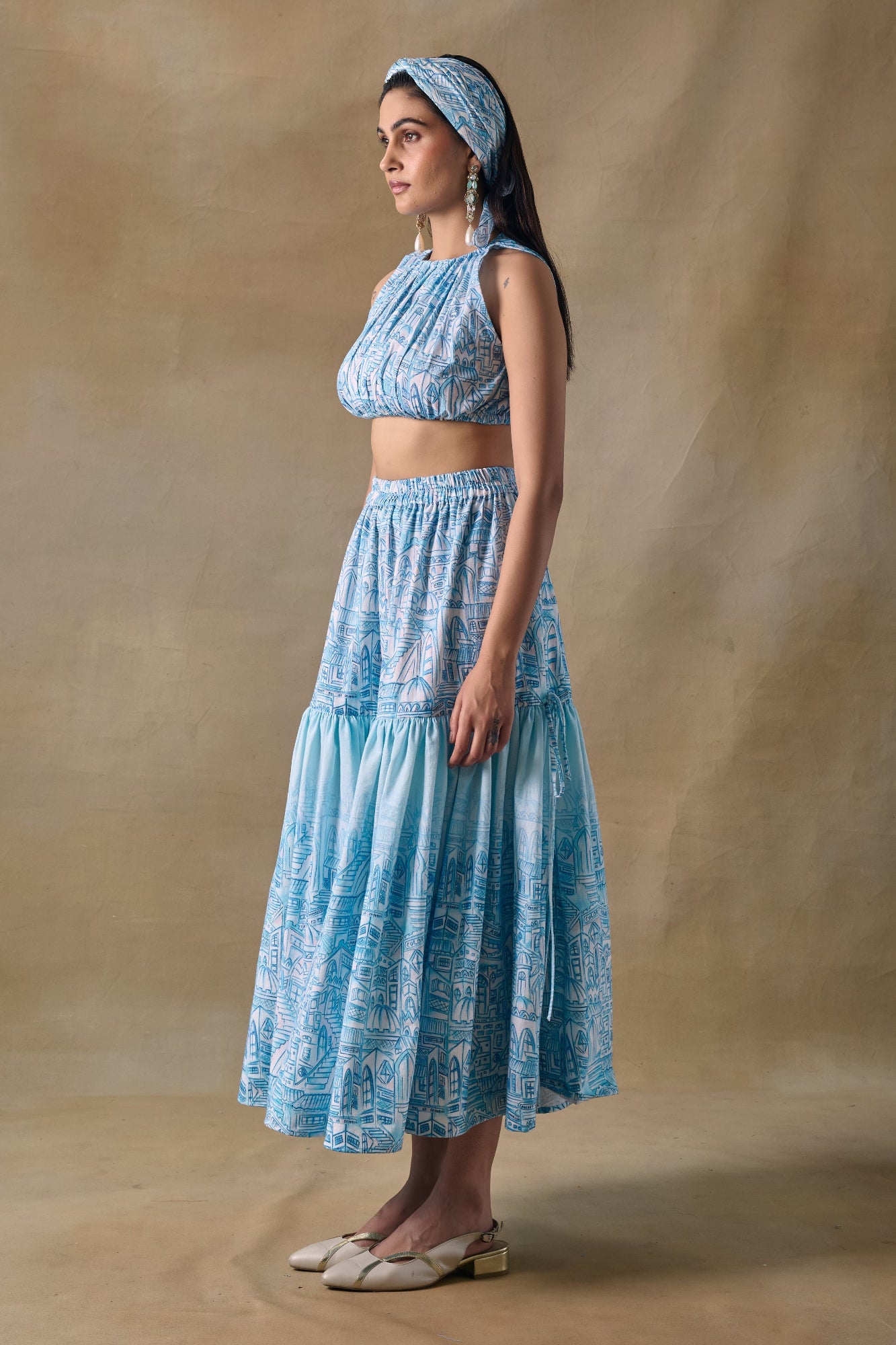 Blue Landscape blouse skirt set