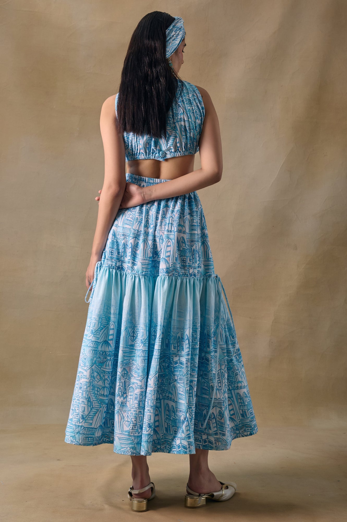 Blue Landscape blouse skirt set