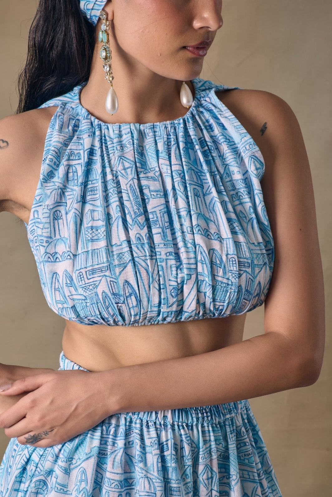 Blue Landscape gathered blouse
