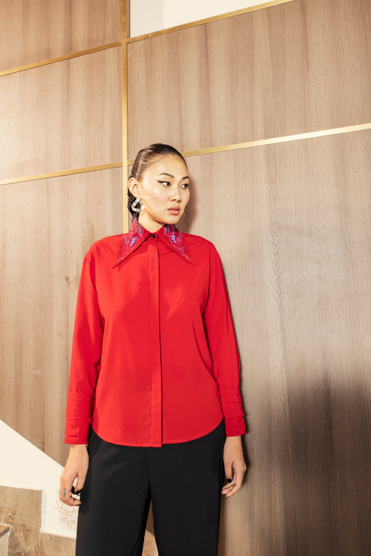 Scarlet pleated cuff shirt with embroidered collar