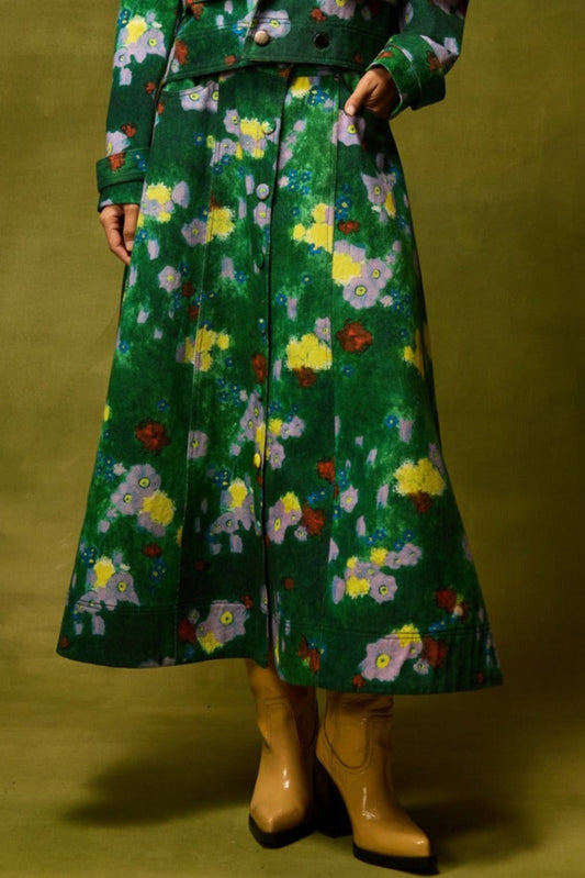 Emerald Bloom Flared Skirt