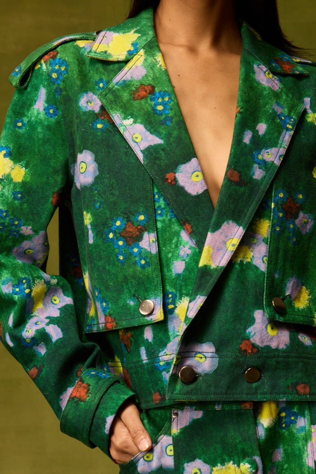 Emerald Bloom Cropped Jacket