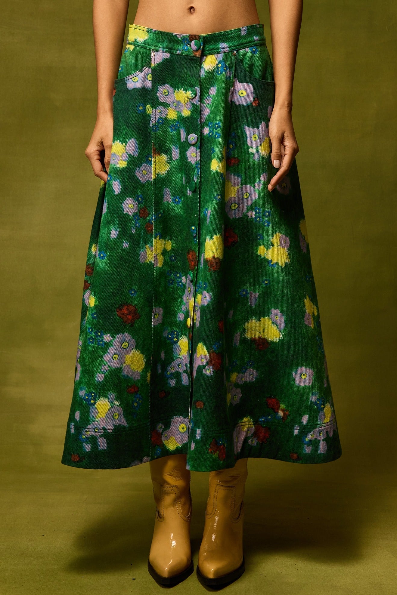 Emerald Bloom Flared Skirt