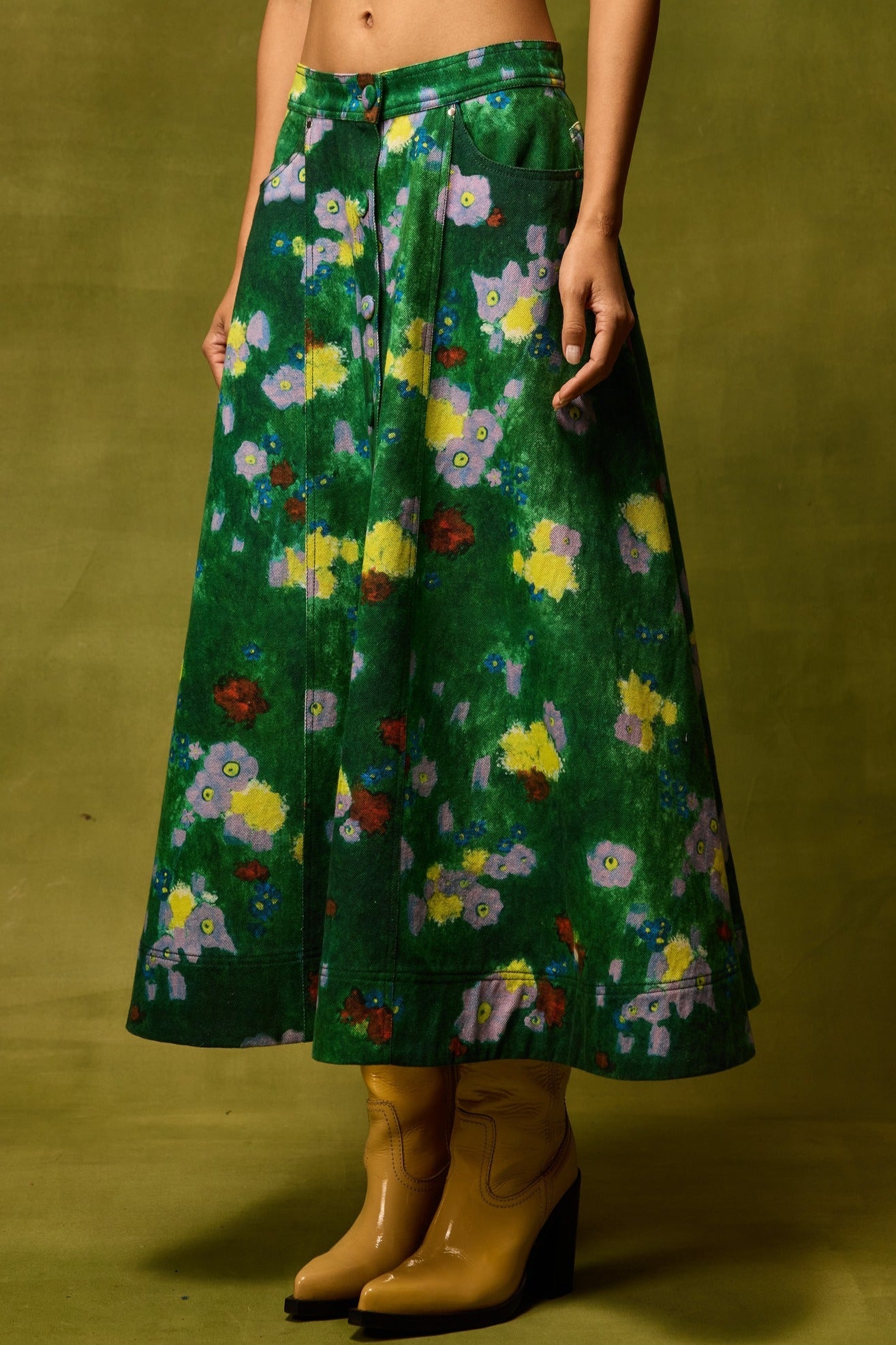 Emerald Bloom Flared Skirt