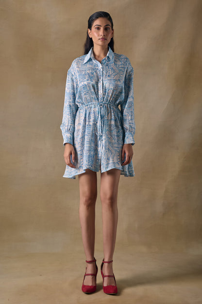 Blue Landscape Gathered Dress