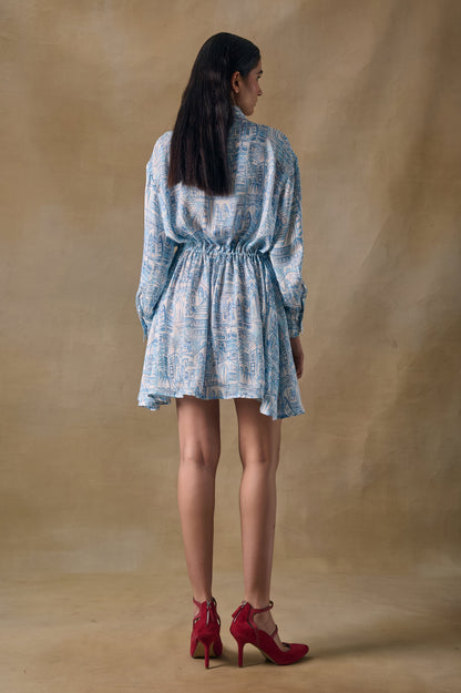 Blue Landscape Gathered Dress