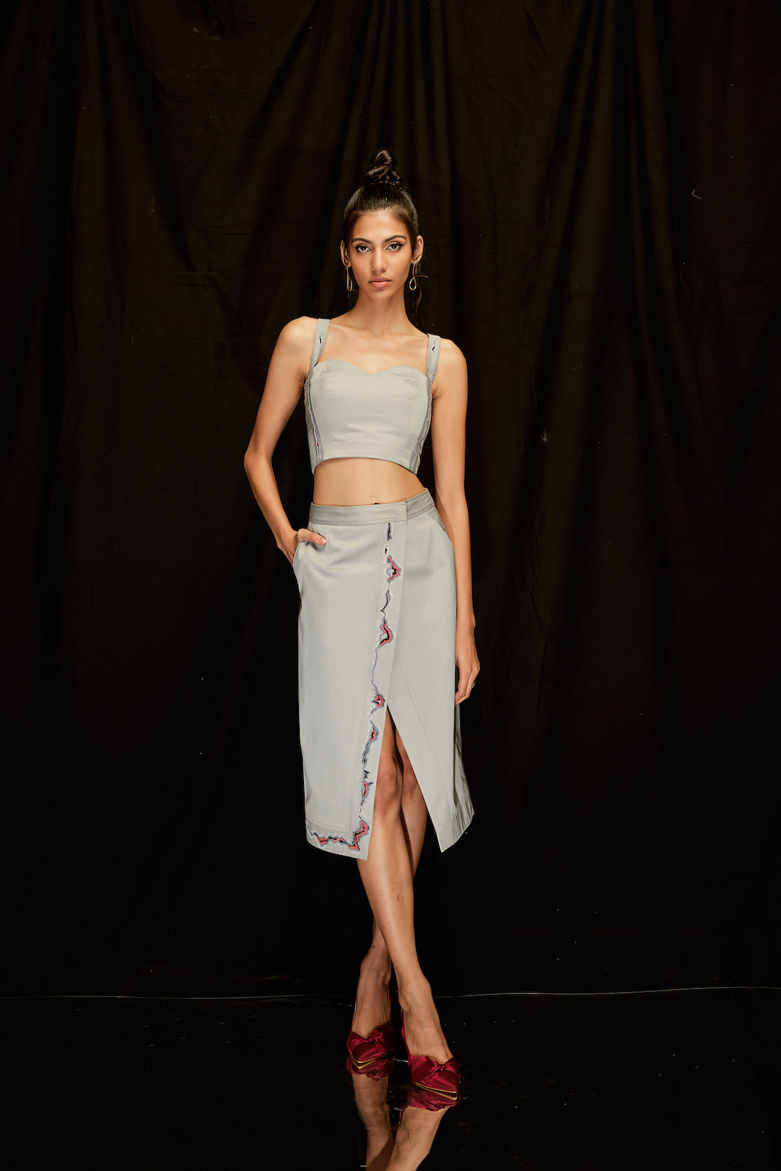 Whisper Grey Embroidered Wrap Skirt