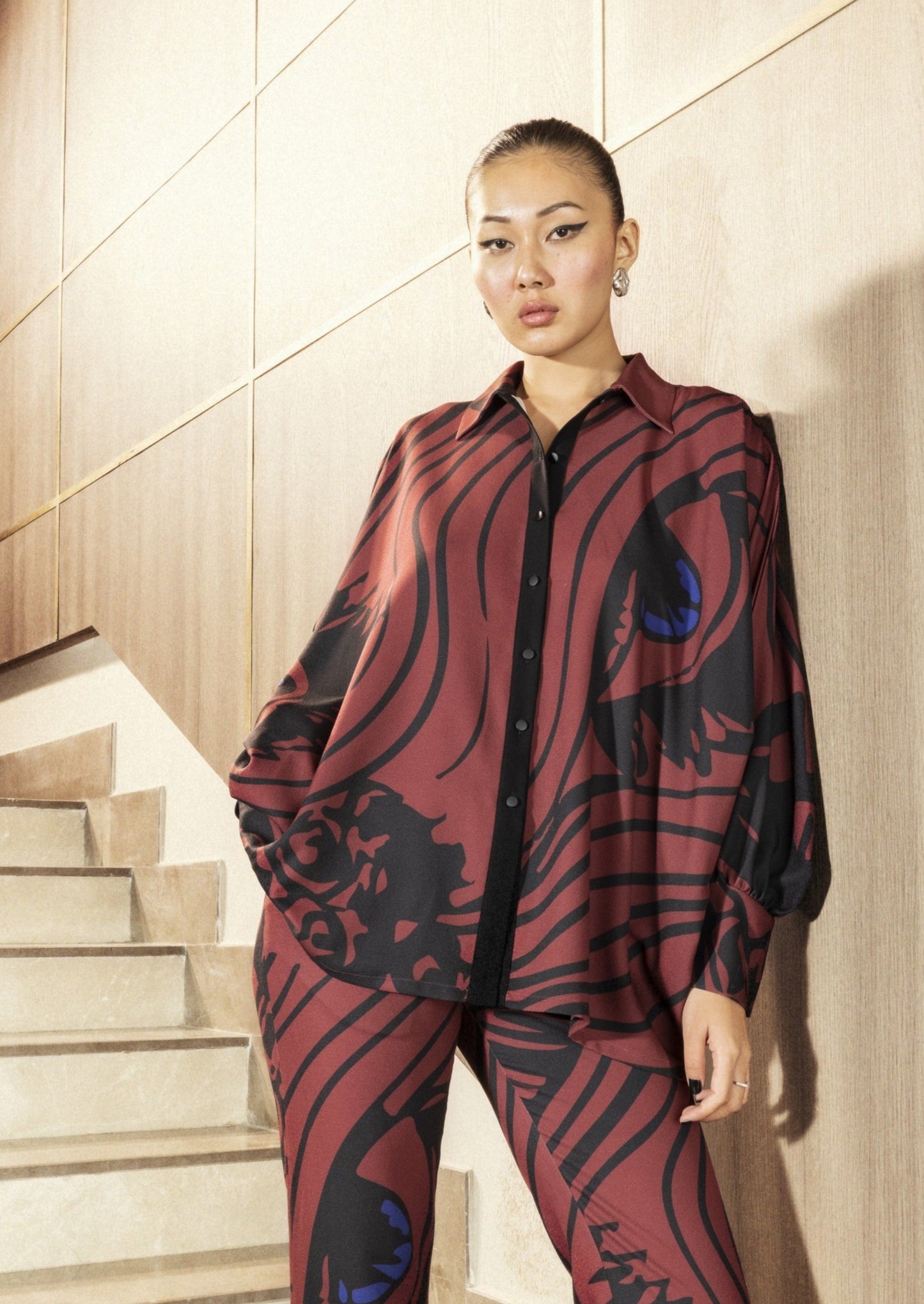 Wine-Hued Printed Crepe Shirt