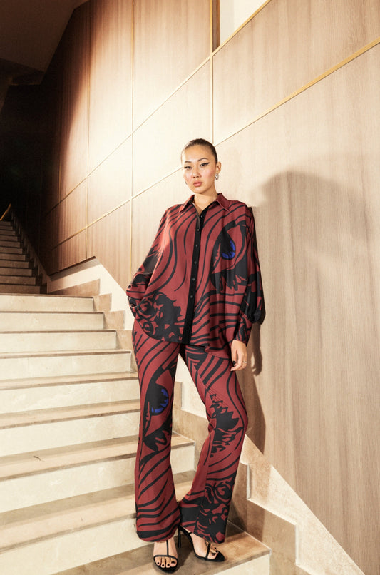 Wine-Hued Printed Crepe Pants